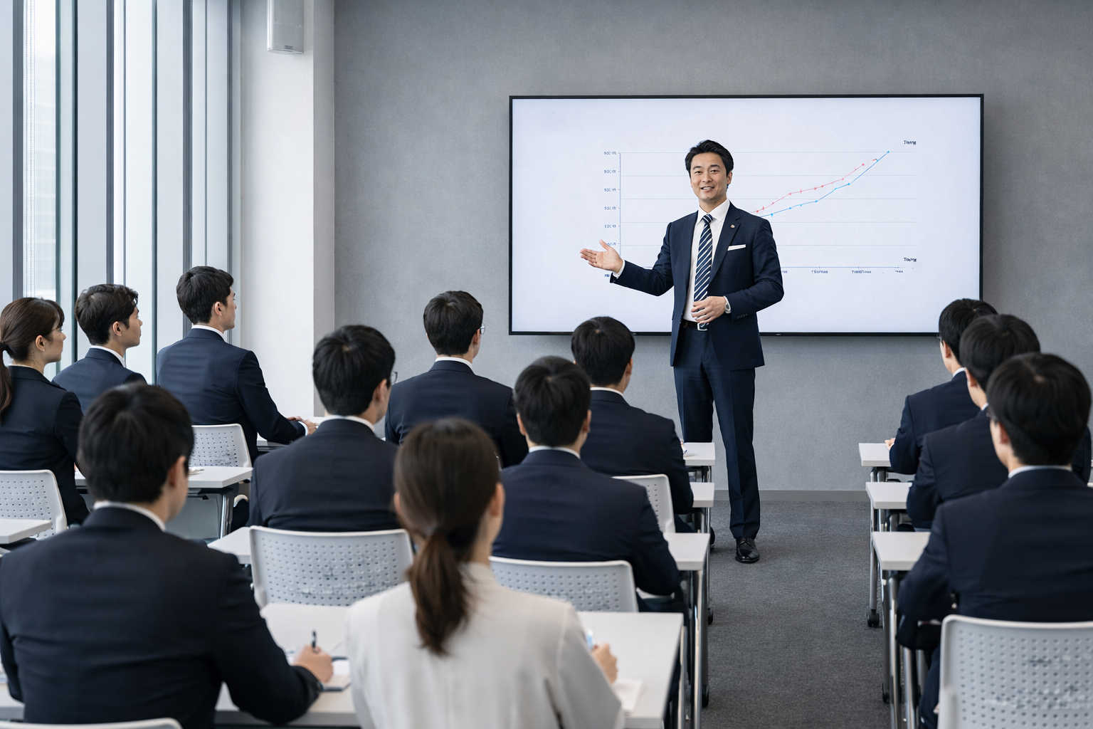 A professional business seminar or workshop scene in Japan